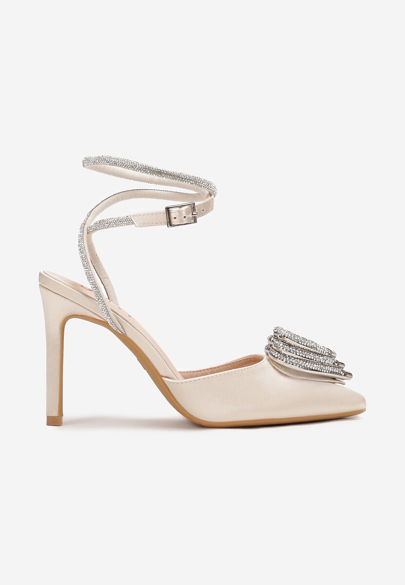 Beżowe Sandały na Szpilce z Motywem Serca z Cyrkoniami Bisrata