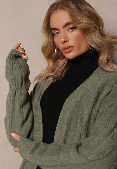 Zielony Kardigan o Wydłużonym Fasonie Niezapinany ze Splotem w Warkocz Ottimia
