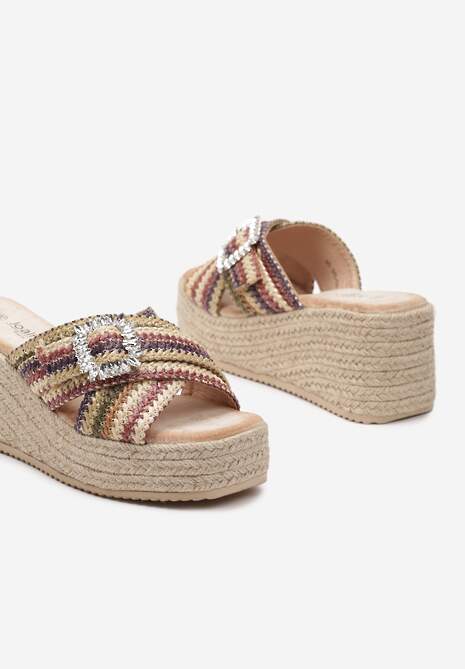 Ciemnobeżowe Klapki na Koturnie i Platformie z Jutowym Sznurkiem z Klamrą z Cyrkonii Quililena