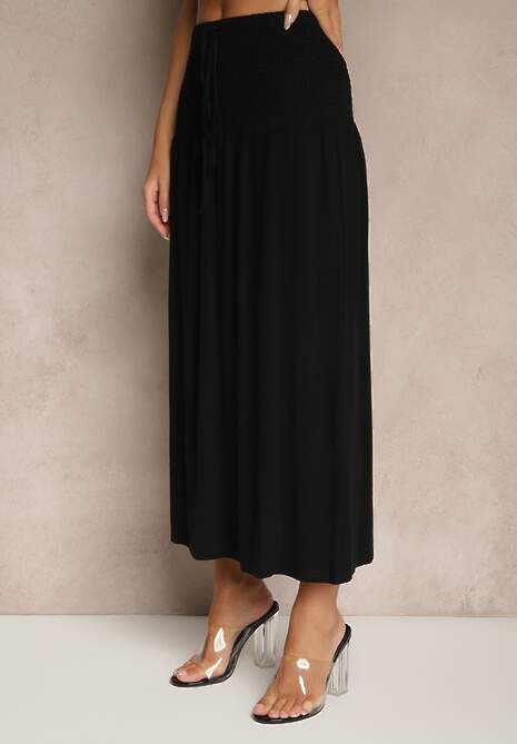 Czarna Spódnica z Wiskozą i Lnem High Waist o Rozkloszowanym Kroju Lumerellea