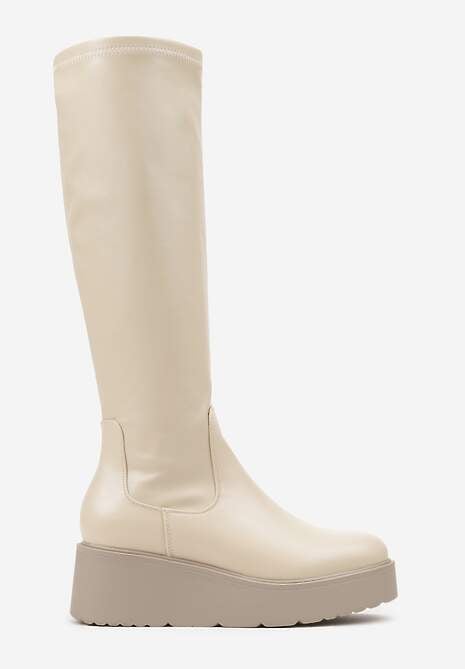 Beżowe Basicowe Kozaki na Grubej Podeszwie z Okrągłym Noskiem Tirisza