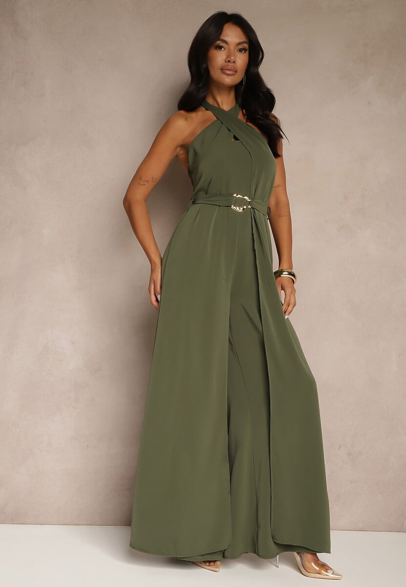 Zielony Kombinezon Koktajlowy Ozdobiony Paskiem z Metaliczną Klamrą Zermira