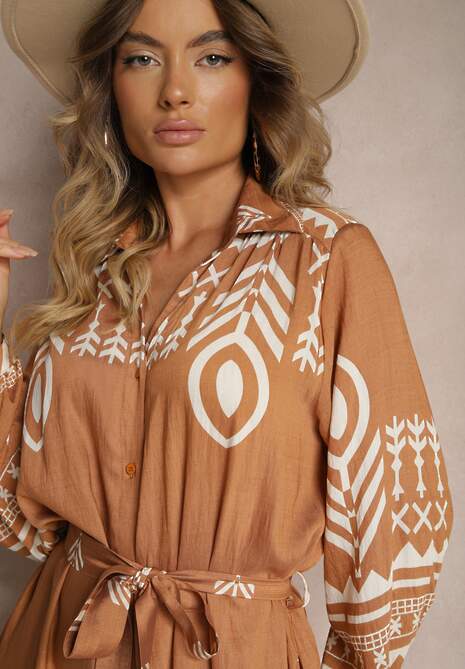 Brązowa Koszulowa Sukienka z Wiskozą w Azteckie Wzory Averisa