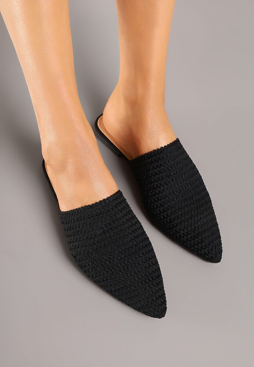 Czarne Klapki Mule Ozdobione Plecionką Lisirea