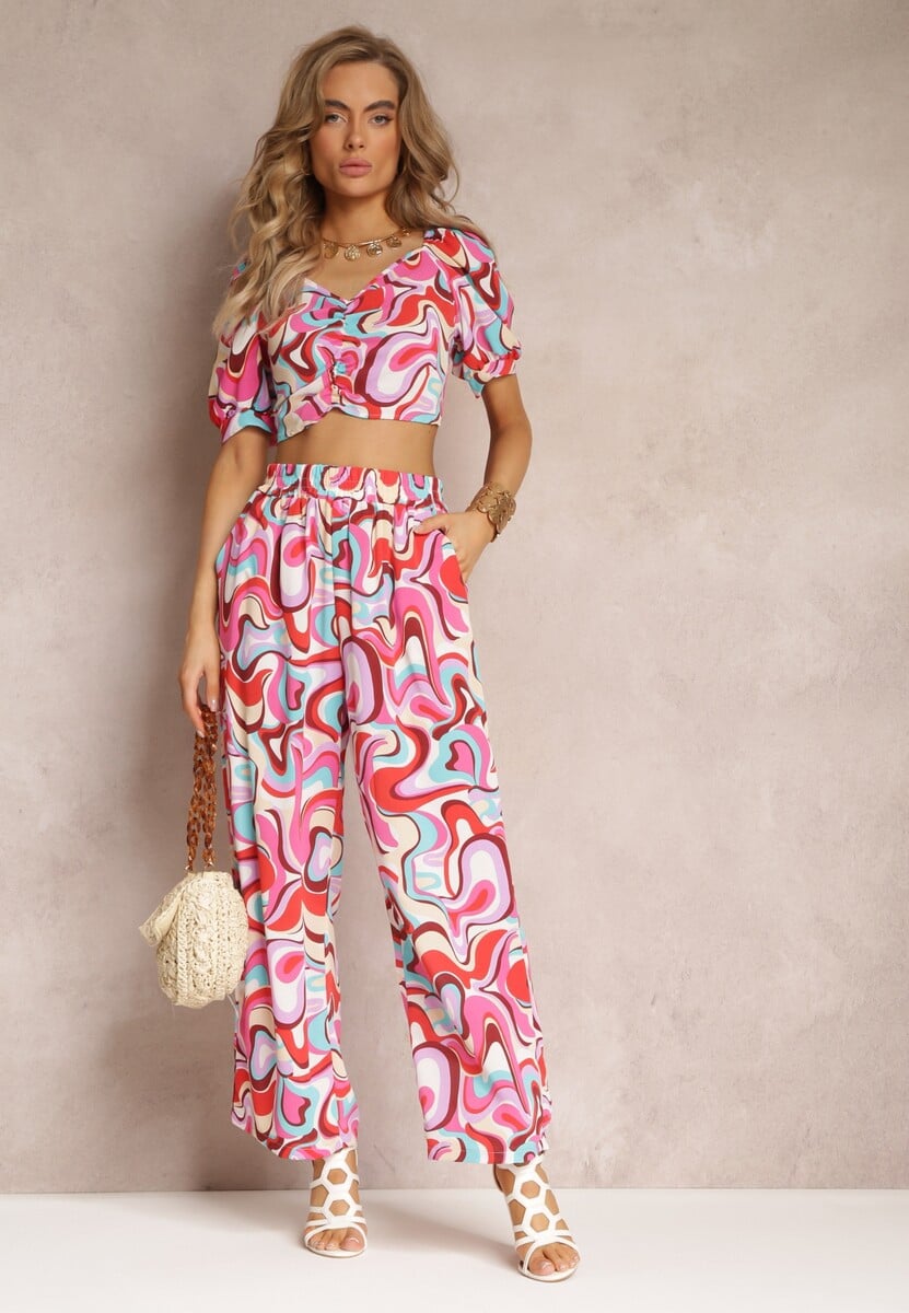 Jasnozielony 2-częściowy Komplet Top z Marszczeniami i Szerokie Spodnie Alesi