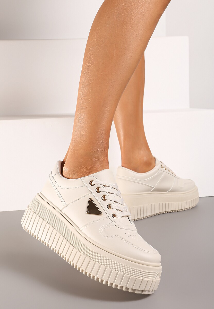 Beżowe Sneakersy na Wysokiej Platformie Ozdobione Aplikacją z Boku Letcese