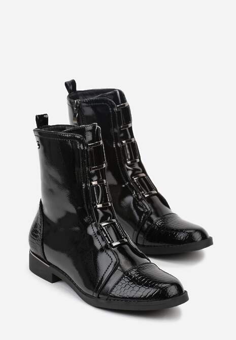 Czarne Botki Vices Lakierowane Ozdobione Tłoczonymi Elementami Typu Krokodyl Olema