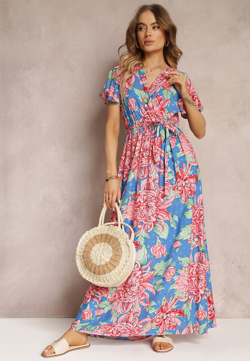 Niebiesko-Różowa Wiskozowa Sukienka Maxi z Kopertowym Dekoltem z Gumką w Talii Lynette