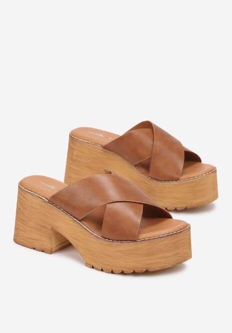 Brązowe Klapki na Niskim Słupku i Platformie z Szerokimi Paskami i Odkrytym Noskiem Rheia