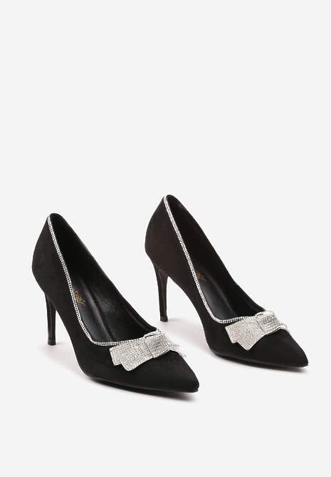 Czarne Szpilki z Cyrkoniowymi Kokardami ze Szpiczastym Noskiem Crandia