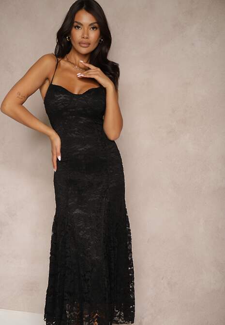 Czarna Rozkloszowana Sukienka z Koronki z Dodatkowym Bolerkiem Gonavora