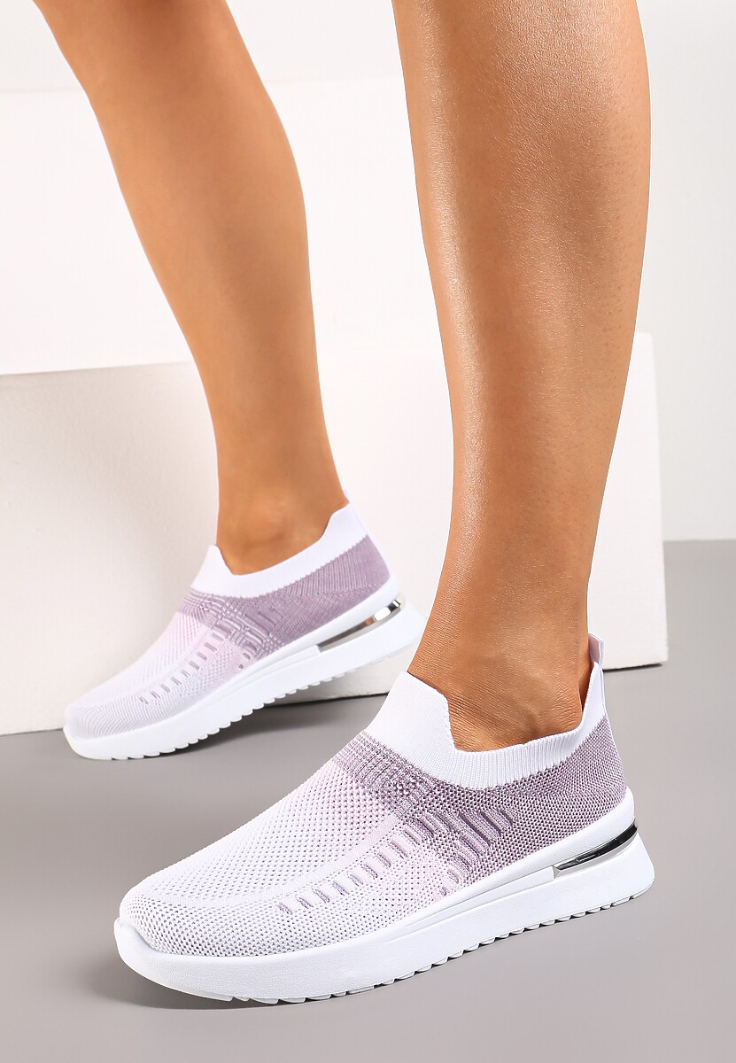 Biało-Fioletowe Buty Sportowe z Nadrukiem Obmre i Skarpetkową Cholewką Erinevia