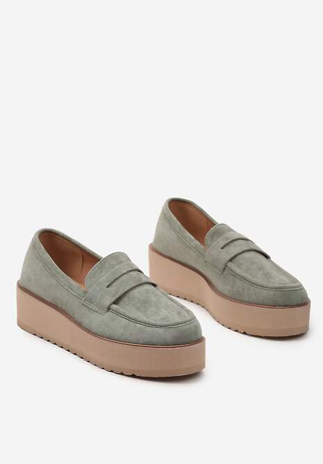 Zielone Półbuty w Stylu Mokasynów z Imitacji Zamszu na Platformie Vhisper