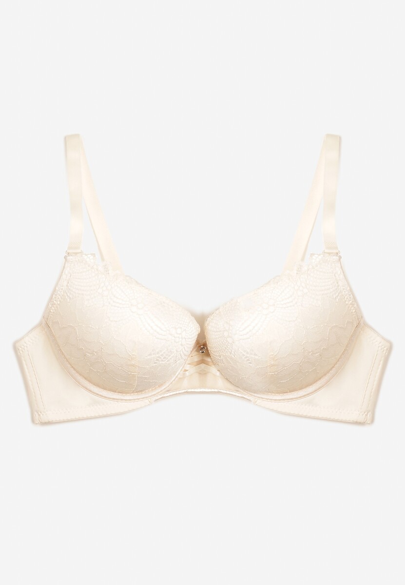 Beżowy Biustonosz Push Up z Ozdobną Koronką i Zawieszką Gialine