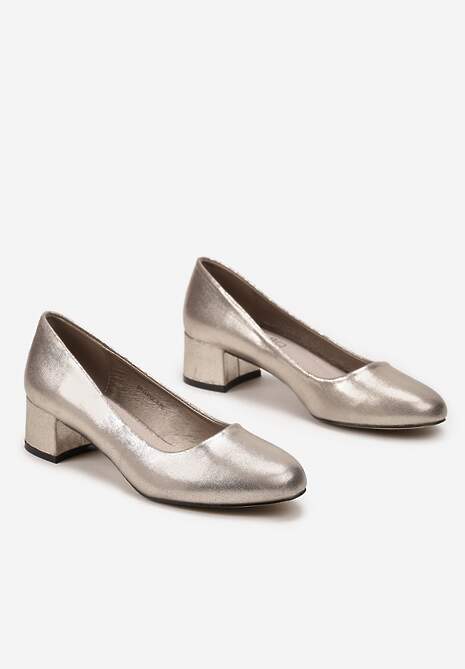 Srebrne Błyszczące Czółenka na Niskim Słupku ze Skórzaną Wkładką Grisela