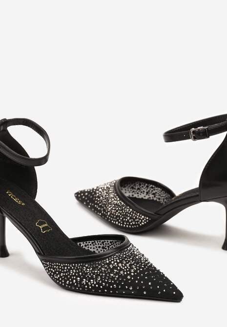 Czarne Szpilki Vices z Wkładką ze Skóry Naturalnej Ozdobione Cyrkoniami Lizzoa