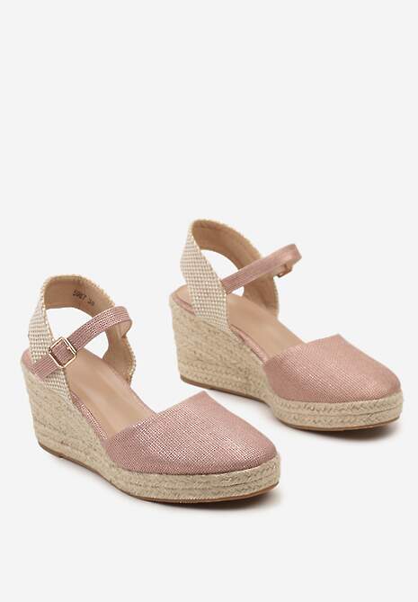Różowe Sandały na Plecionym Koturnie w Stylu Espadryli z Noskiem z Ekoskóry Beonira