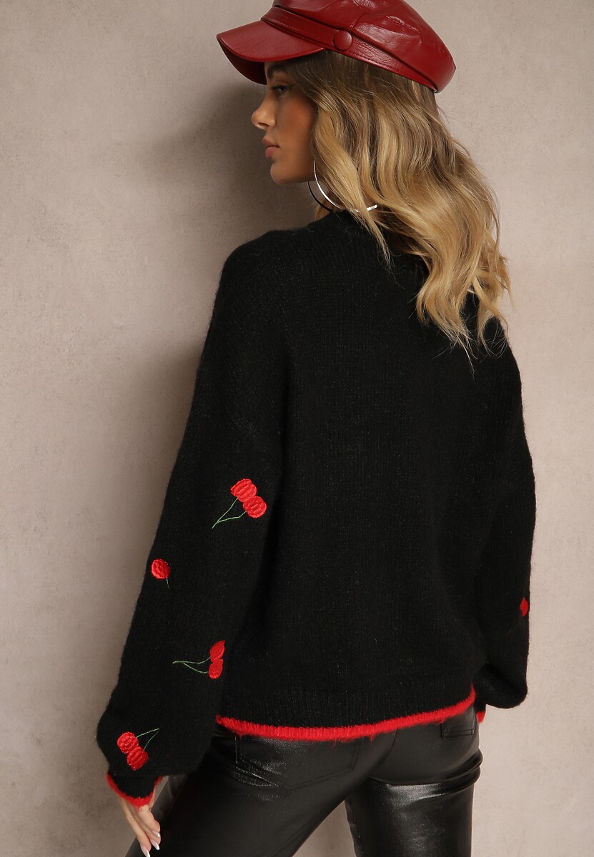 Czarny Sweter w Wisienki z Dodatkiem Wełny Eltintia