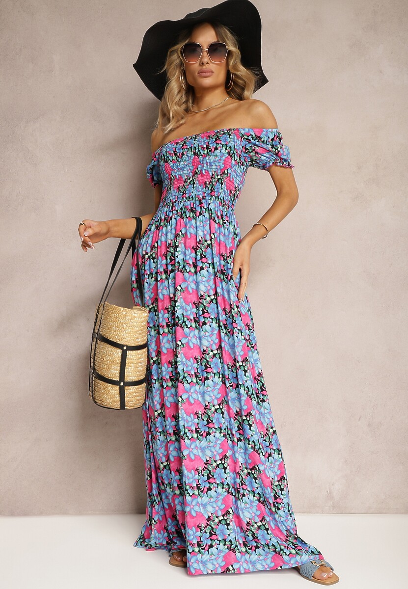 Fioletowo-Niebieska Hiszpanka Sukienka o Rozkloszowanym Kroju i Gumkami przy Dekolcie Kaseria