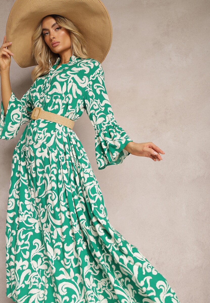 Granatowa Rozkloszowana Sukienka z Wiskozy w Ornamentalny Wzór Irlilena