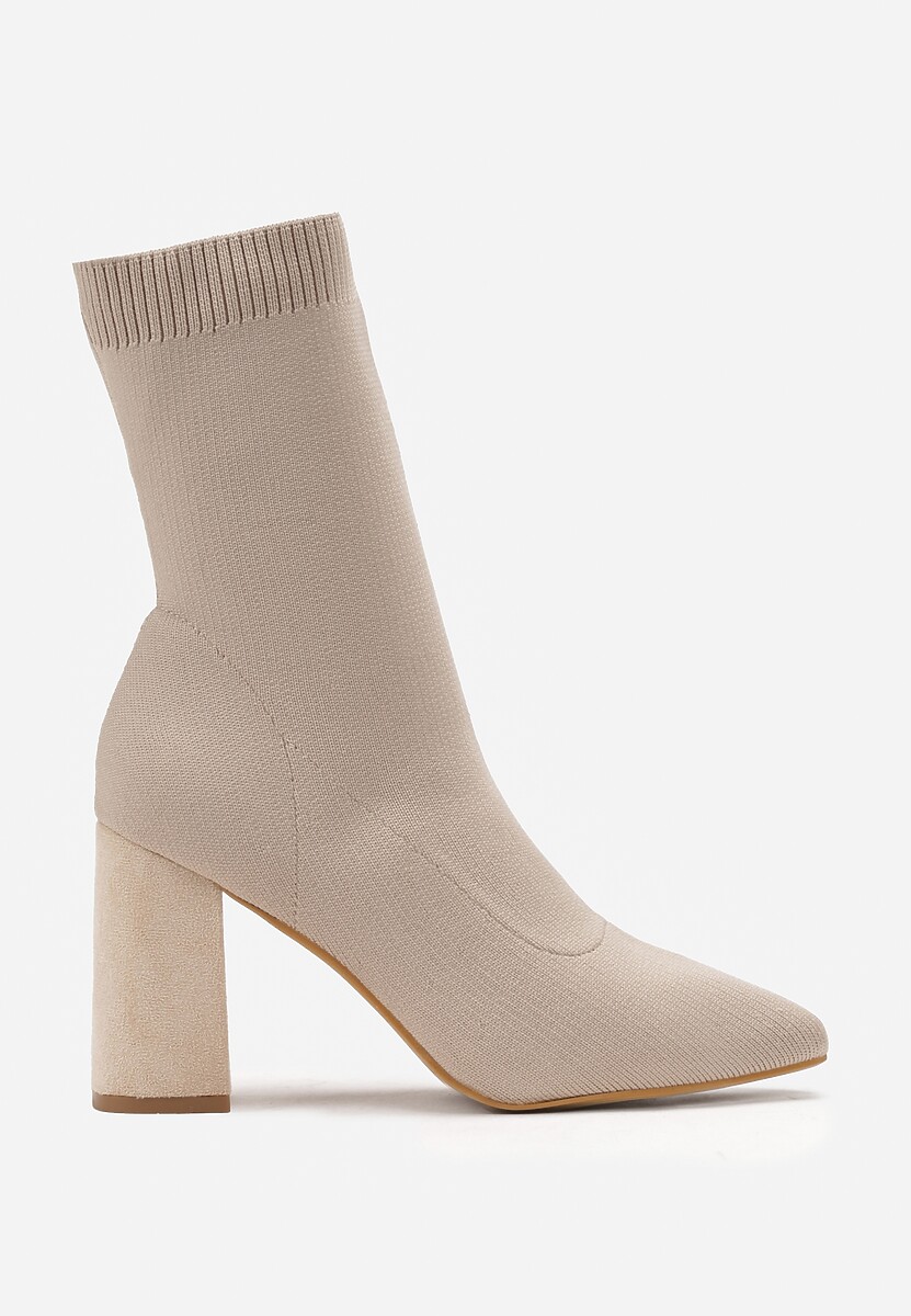 Beżowe Botki z Imitacji Skóry na Słupku z Cholewką w Skarpetkowym Stylu Tukarda