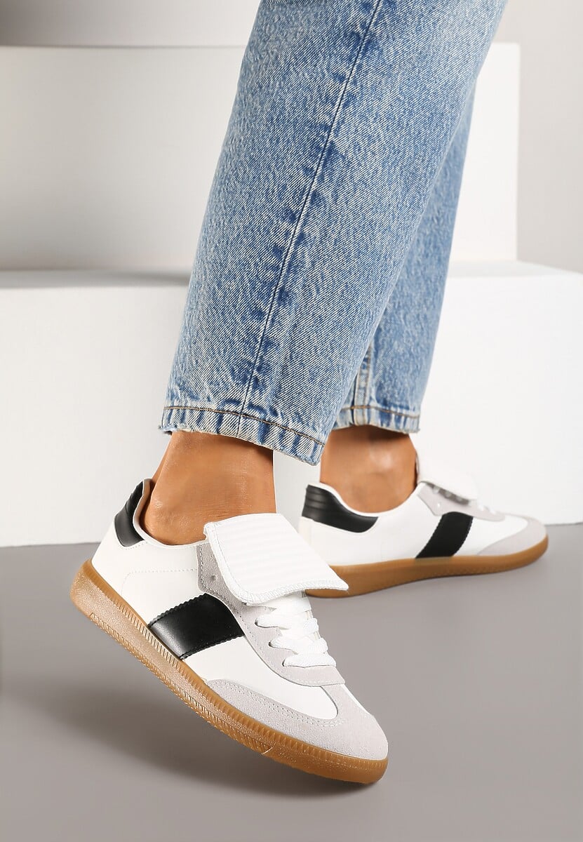 Biało-Czarne Sznurowane Płaskie Sneakersy z Geometrycznym Wzorem Felilva