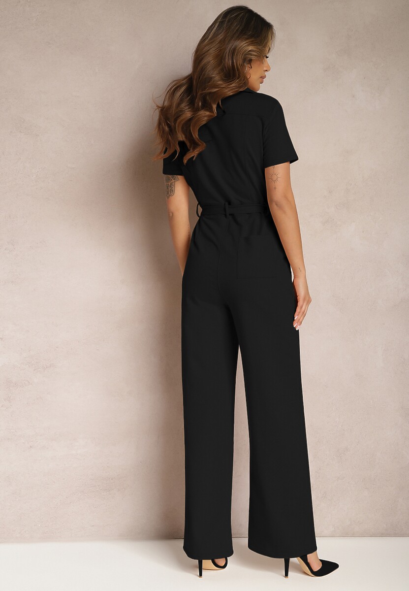 Czarny Kombinezon z Elastycznej Bawełny z Suwakiem i Wiązanym Paskiem Ecatra