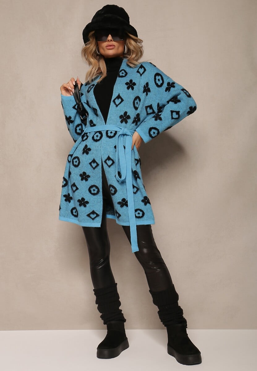 Niebieski Kardigan z Wiązanym Paskiem Ozdobiony Wzorem w Kwiaty Timonen