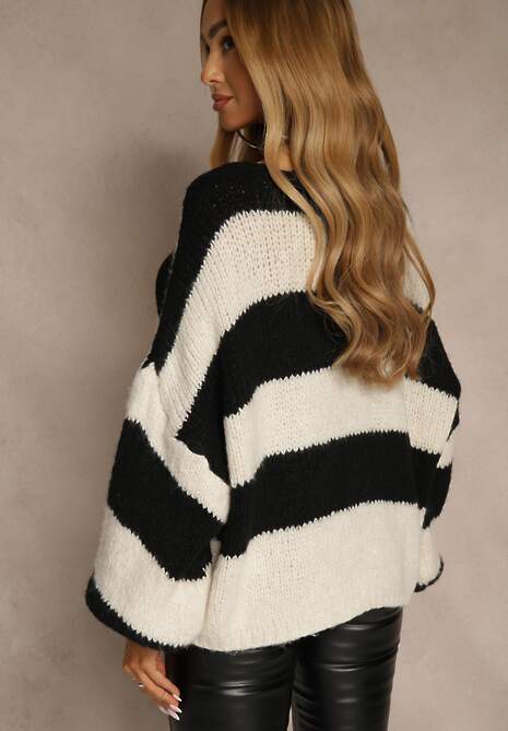 Czarny Oversizowy Kardigan w Paski z Wiązaniem z Domieszką Wełny i Wiskozy Retile