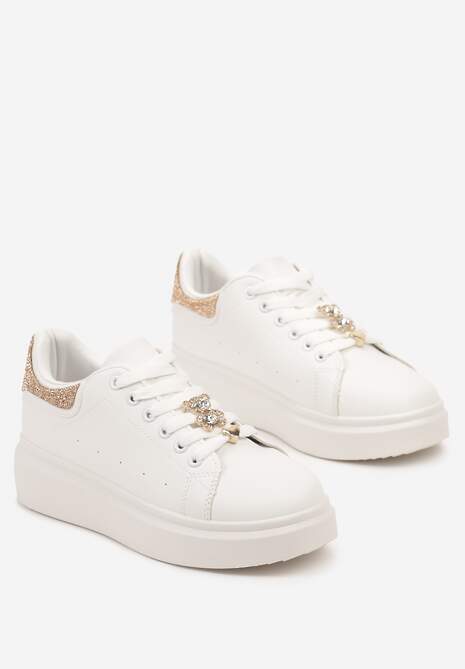 Biało-Szampańskie Płaskie Sneakersy za Kostkę ze Sznurowaniami Ozdobione Aplikacjami i Cyrkoniami Quenalia