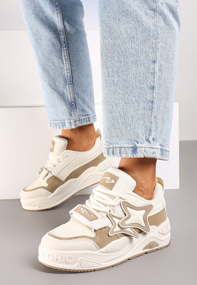 Ciemnobeżowe Sneakersy na Platformie z Grubymi Sznurowadłami i Zapięciem na Rzep Arlaia