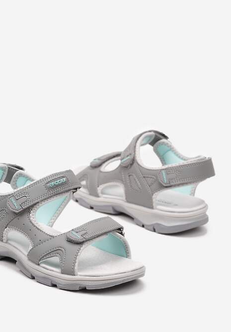 Szaro-Miętowe Płaskie Sandały ze Skórzaną Wkładką i Zapięciami na Rzepy Tesama