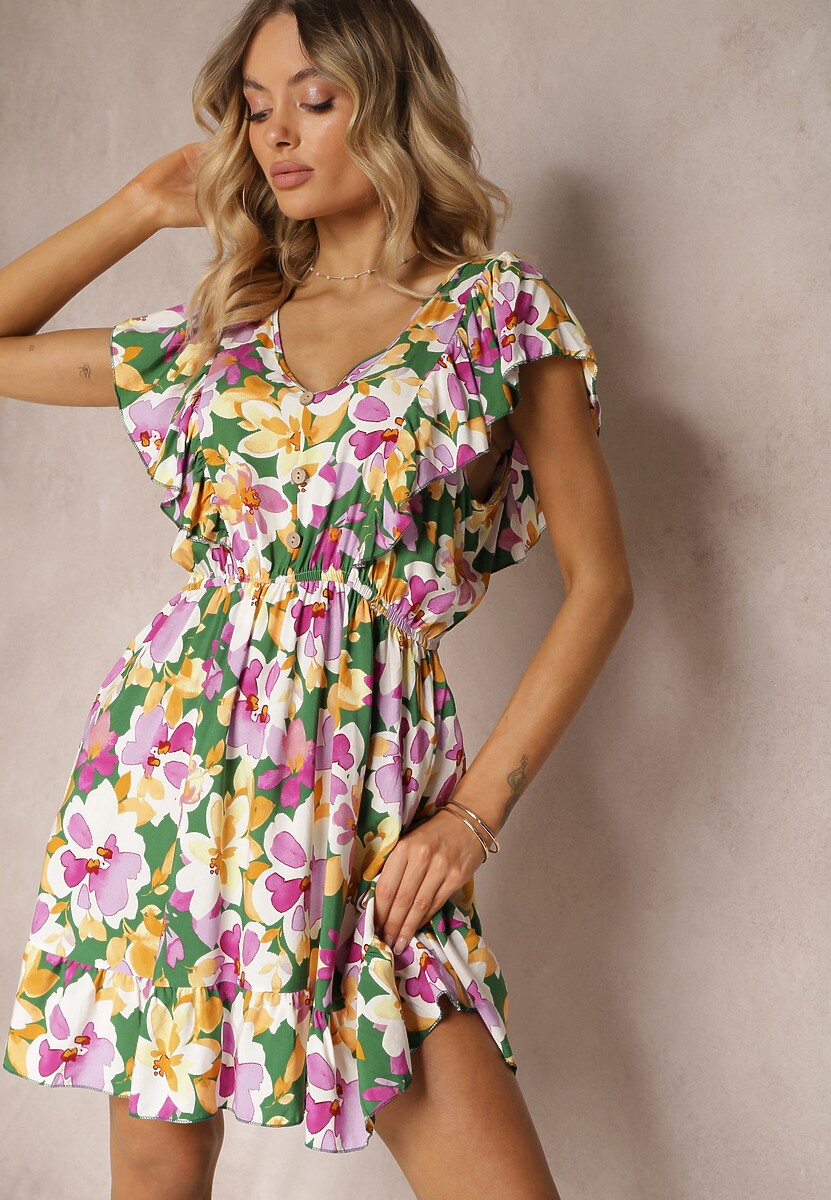 Zielono-Różowa Taliowana Bawełniana Sukienka w Kwiaty z Falbanami przy Ramionach z Gumką w Talii Nelova