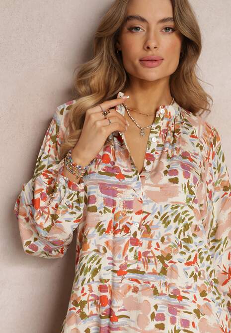 Różowo-Zielona Rozkloszowana Sukienka w Abstrakcyjny Wzór i Górą Zapinaną na Guziki Skylare