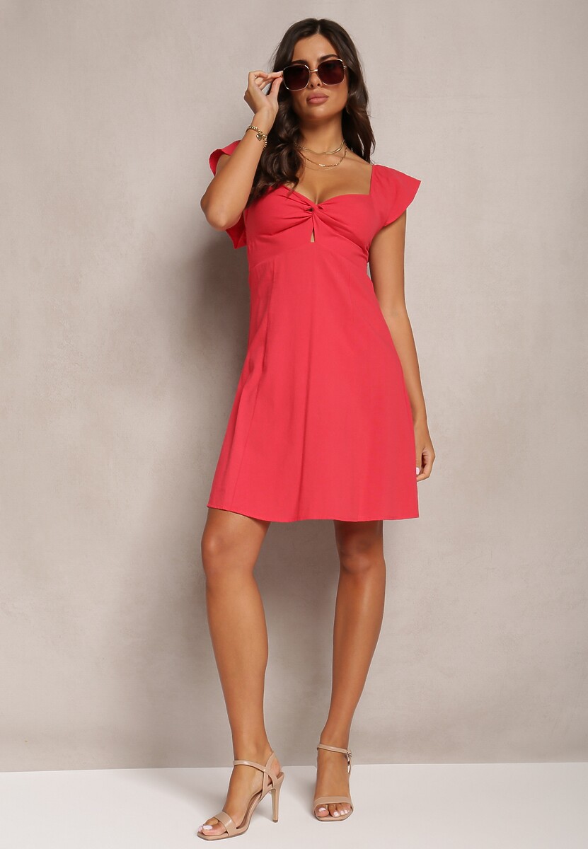 Czerwona Rozkloszowana Bawełniana Sukienka Mini z Krótkim Rękawem i Wycięciem pod Biustem Tremael