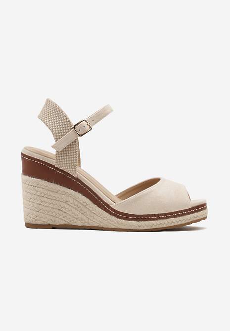 Beżowe Sandały na Koturnie Ozdobionym Plecionką z Juty Admerla