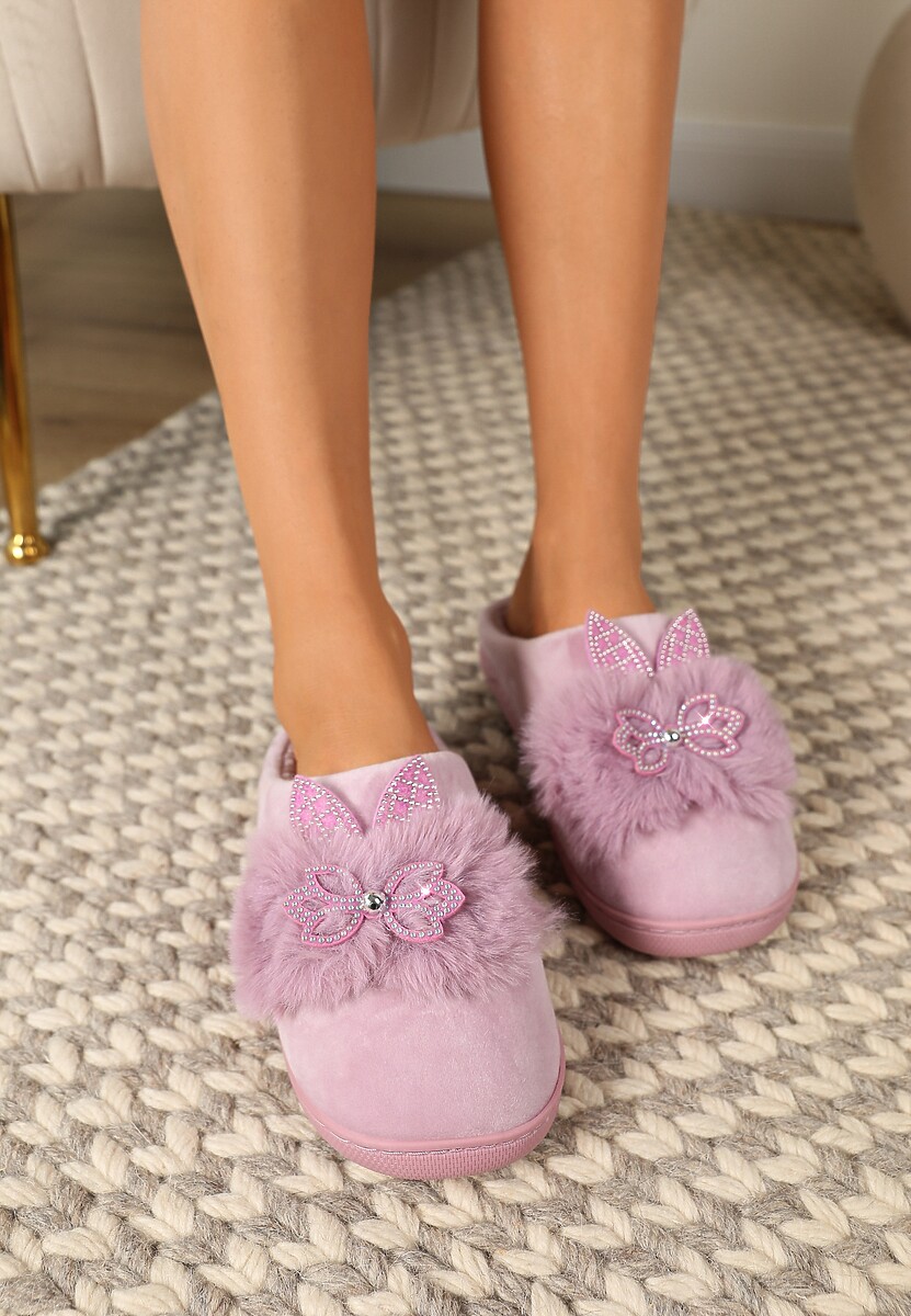 Jasnofioletowe Kapcie na Płaskiej Podeszwie z Cyrkoniami i Futerkiem Dezilie