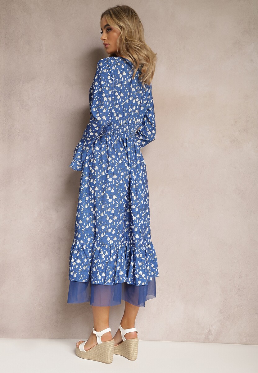 Niebieska Rozkloszowana Sukienka Midi z Siateczką o Asymetrycznym Kroju Fovita