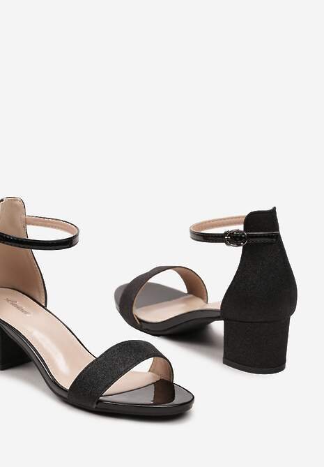 Czarne Brokatowe Sandały na Słupku Zapinane Wokół Kostki Viatera