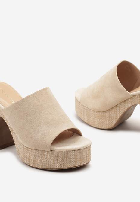 Beżowe Klapki z Wyściółką z Ekoskóry na Słupkowym Obcasie i Platformie Timanre