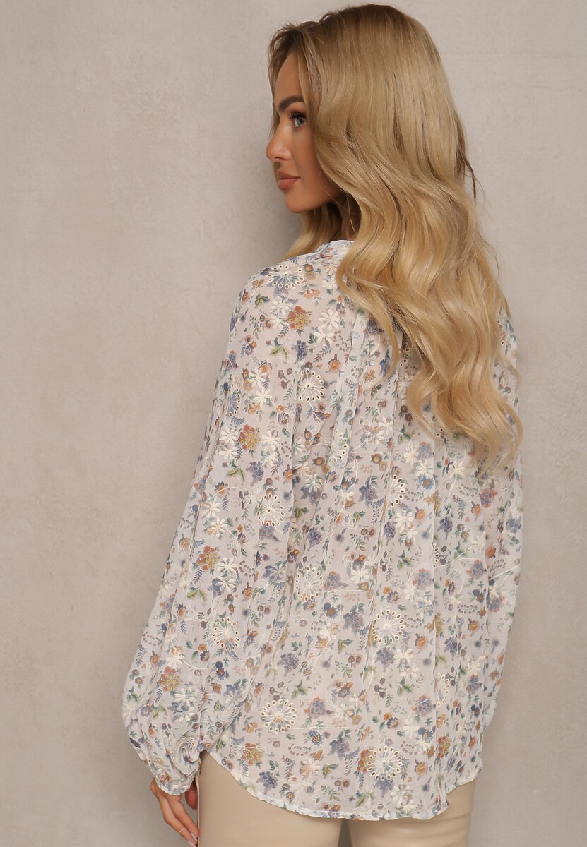 Beżowa Koszula w Kwiaty ze Stójką Przy Karku Ivaler