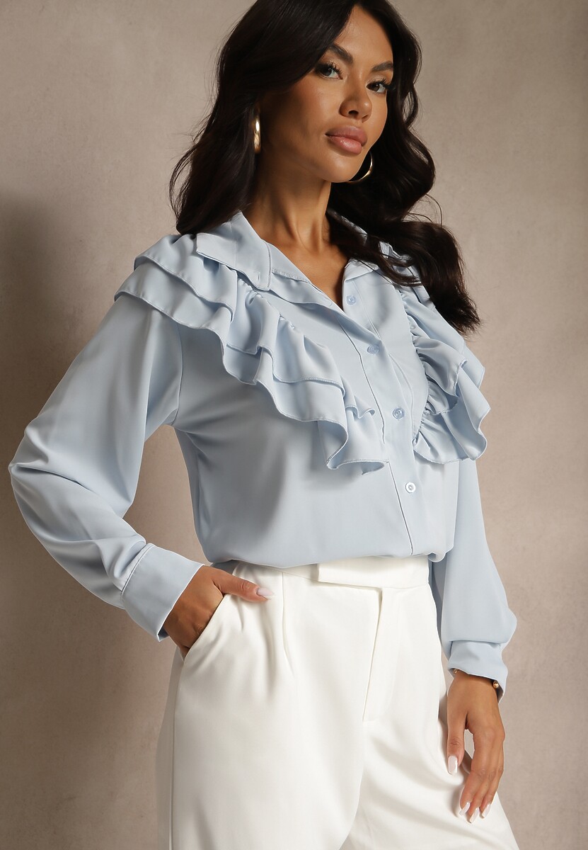 Jasnoniebieska Koszula Ozdobiona Falbaną Kornella