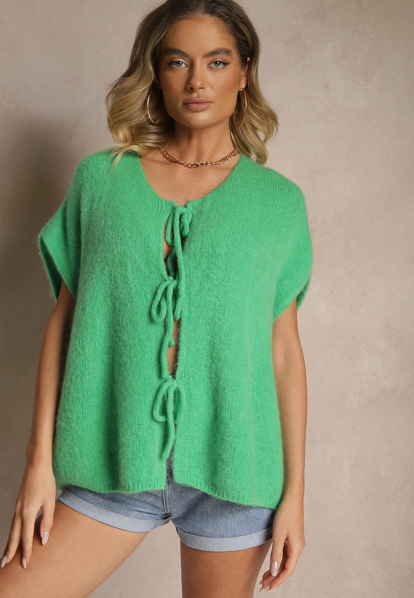 Zielona Narzutka Kamizelka Wiązana z Przodu z Domieszką Moheru Vikelira