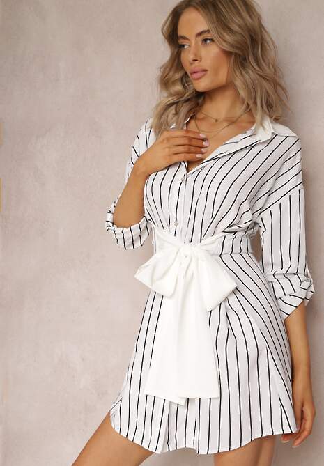 Biała Koszulowa Mini Sukienka z Wiskozy Wiązana w Pasie Fiammetta