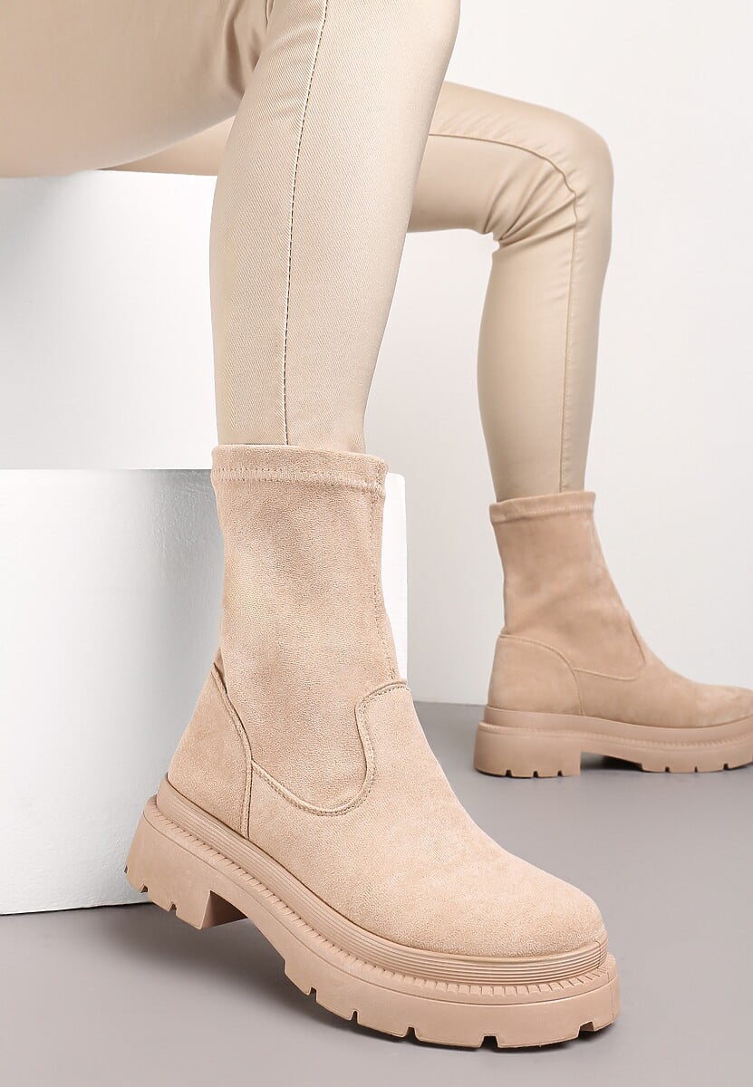 Beżowe Botki Sztyblety na Platformie Tersa