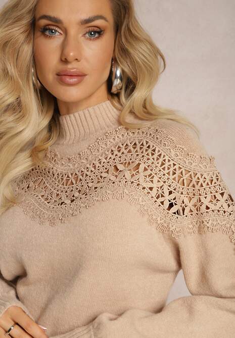 Beżowy Sweter Dzianinowy z Wstawką z Koronki Laroline