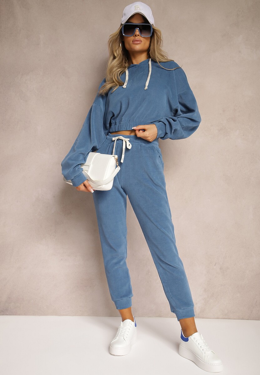 Granatowy Komplet Dresowy z Dodatkiem Bawełny Spodnie z Gumką w Pasie i Bluza z Kapturem Hasaria