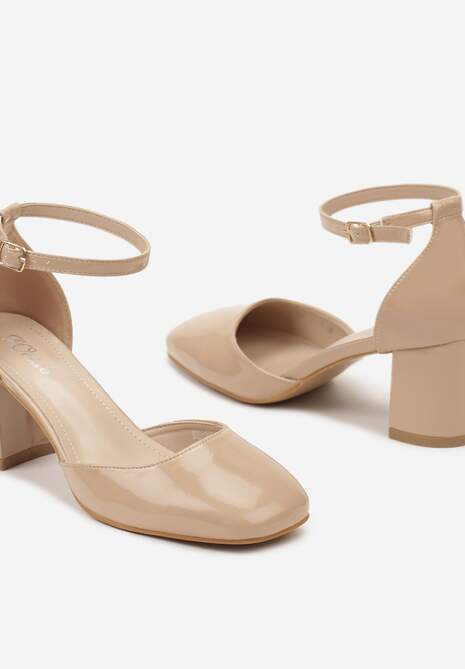 Beżowe Czółenka z Lakierowanej Ekoskóry ze Sprzączką i Słupkiem Voretia