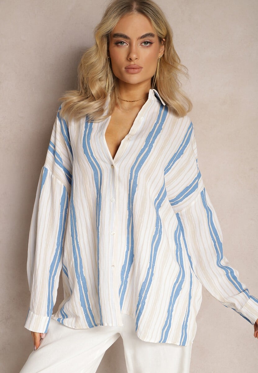 Beżowo-Niebieska Casualowa Koszula z Bawełny w Paski Sileata