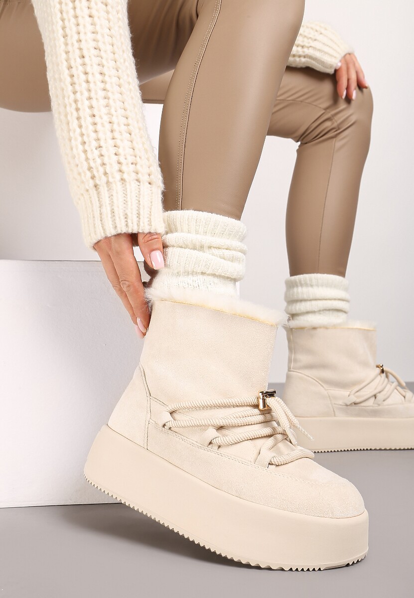 Brązowe Śniegowce na Grubej Podeszwie Bez Zapięć z Imitacją Sznurowadeł Kaithena